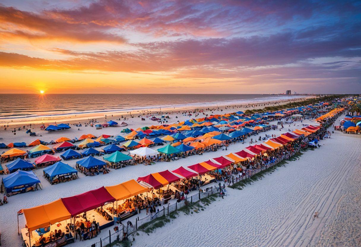 A panoramic view showcasing Galveston Island's stunning white sandy beaches transitioning into vibrant festival scenes filled with colorful tents, energetic crowds, and lively music. Include palm trees swaying in the background with a bright sunset illuminating the sky. Capture the essence of adventure and joy. super-realistic. vibrant colors. dynamic composition.