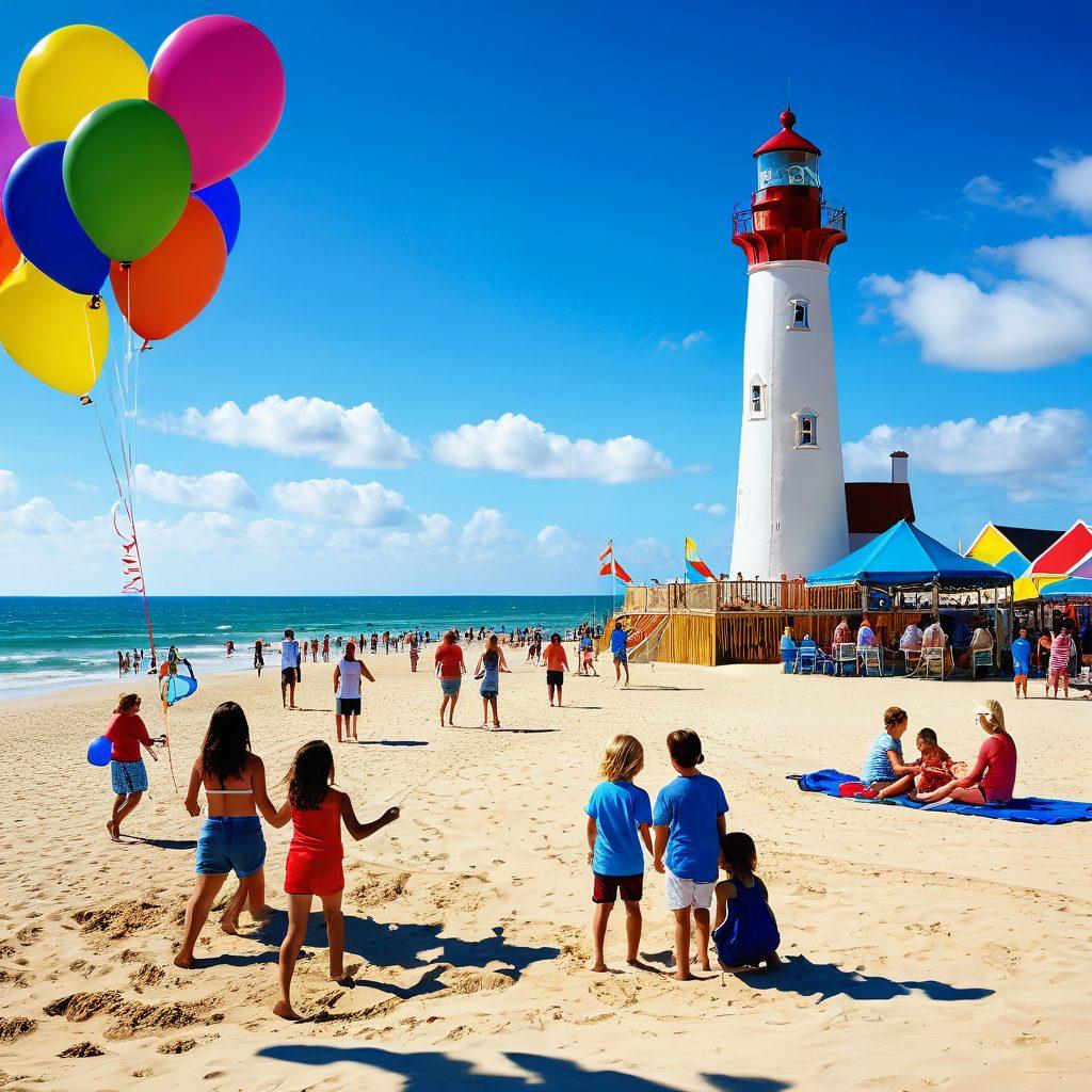 A joyful family enjoying a sunny day at a Texas coastal city, featuring iconic landmarks like a lighthouse and beachside amusement park, surrounded by colorful beach umbrellas and kids playing in the sand. Include vibrant ocean waves, a festive event tent with balloons, and families engaging in fun activities like beach volleyball and kite flying. super-realistic. vibrant colors. bright blue sky.