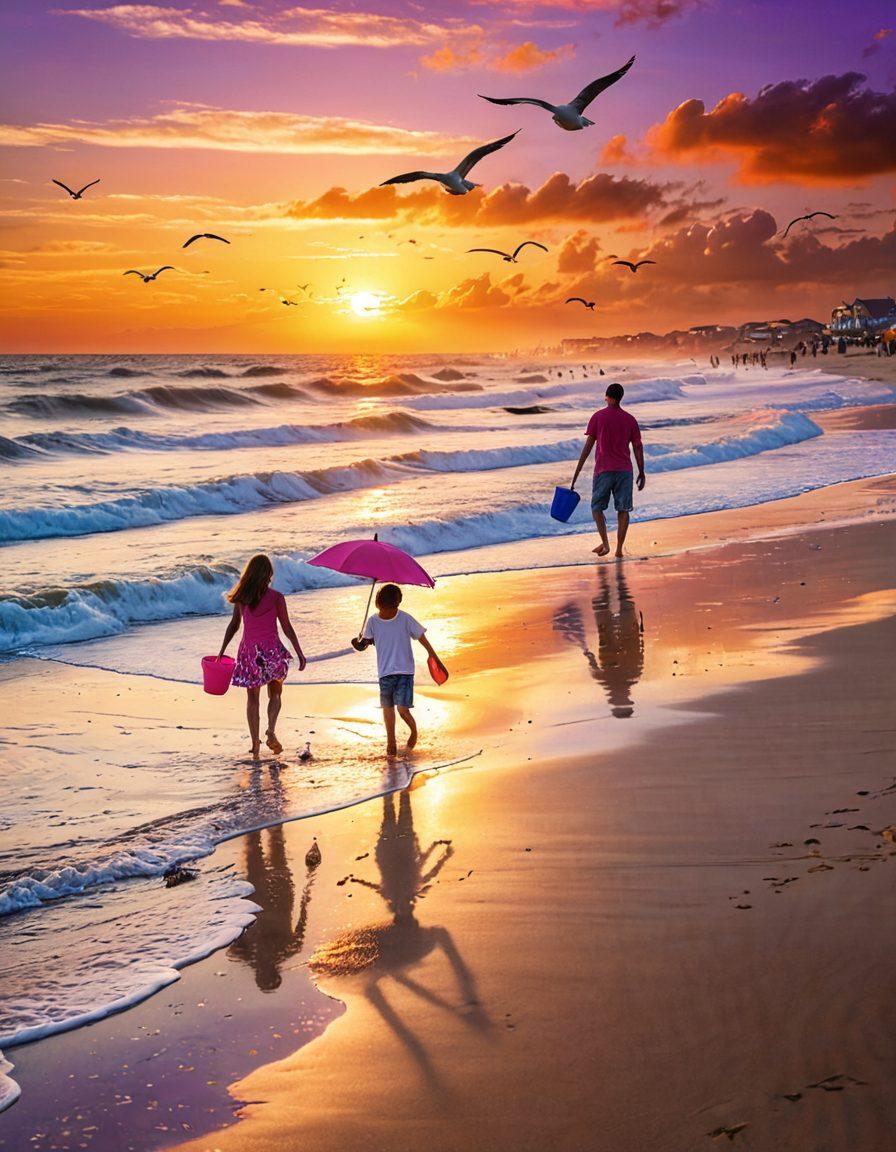 A vibrant seaside scene capturing a joyful family at Port Galveston, with children building sandcastles, parents laughing nearby, and a beautiful sunset in the background. Include colorful beach umbrellas, playful waves, and a few seagulls soaring overhead, all emanating warmth and happiness. The image should evoke a sense of adventure and togetherness. bright colors. 3D.